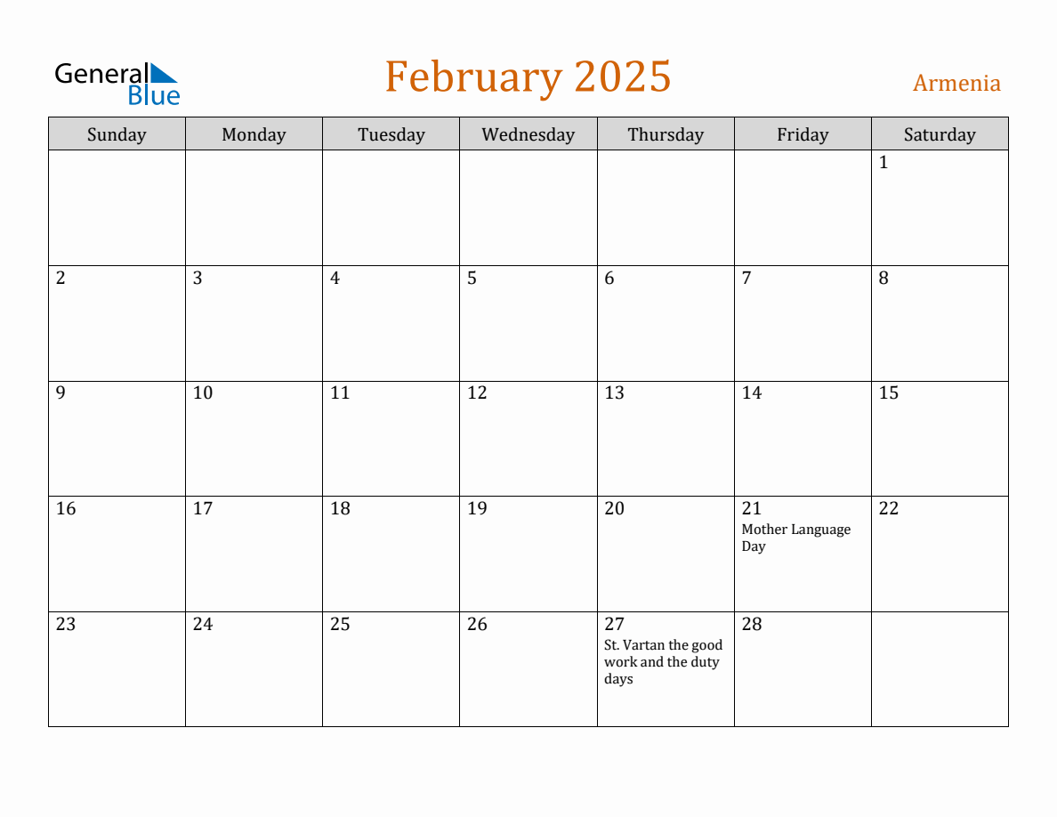 Free February 2025 Armenia Calendar