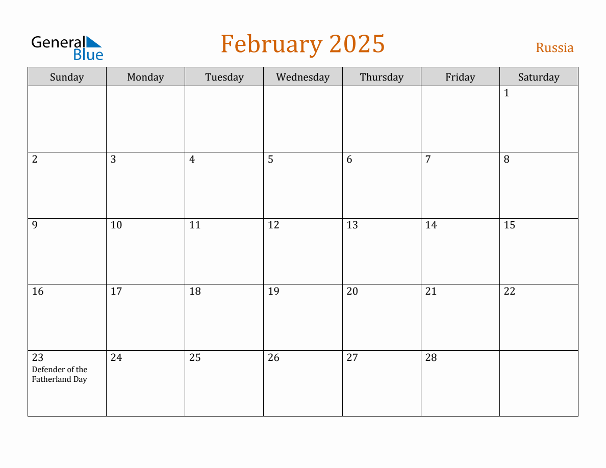 Free February 2025 Russia Calendar