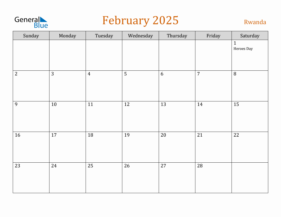 Free February 2025 Rwanda Calendar