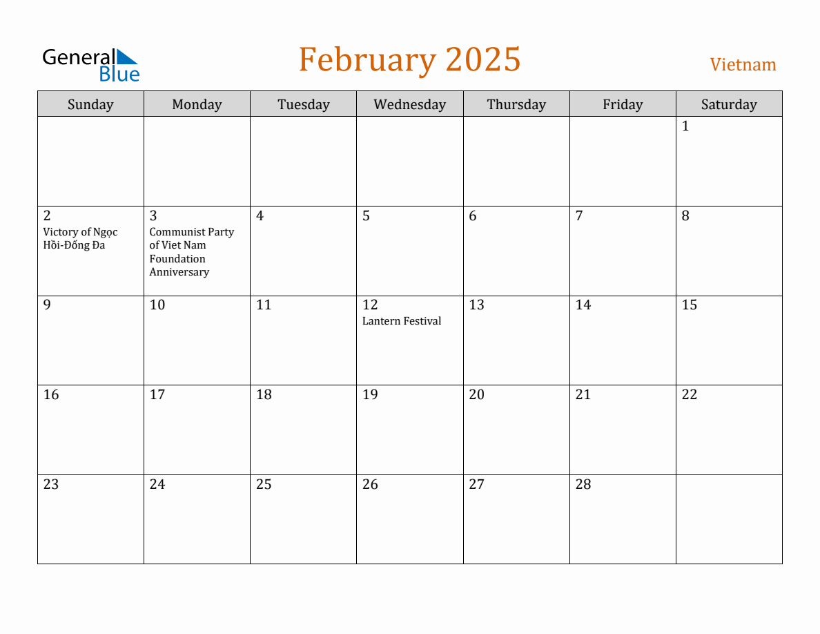 Free February 2025 Vietnam Calendar