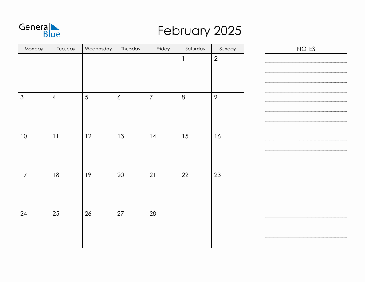 Printable Monthly Calendar with Notes February 2025