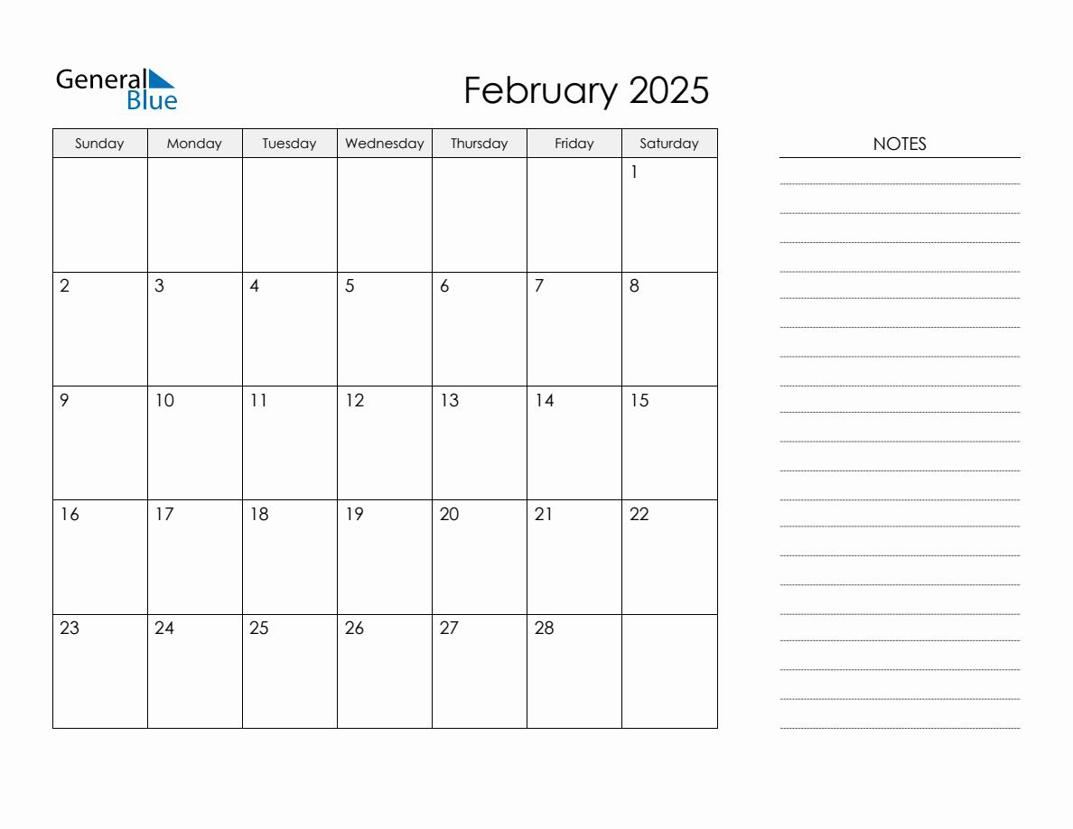 Printable Monthly Calendar with Notes February 2025