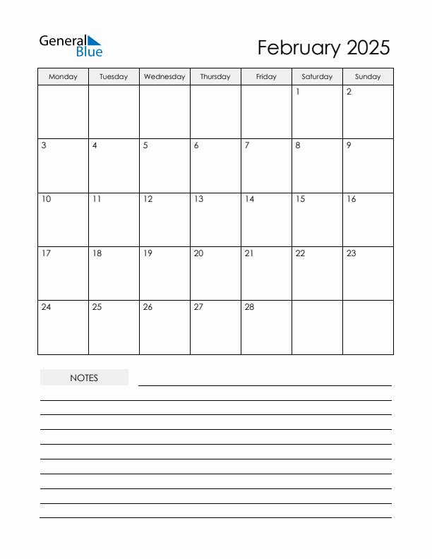 Printable Calendar with Notes - February 2025 