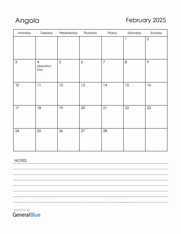 February 2025 Angola Calendar with Holidays (Monday Start)