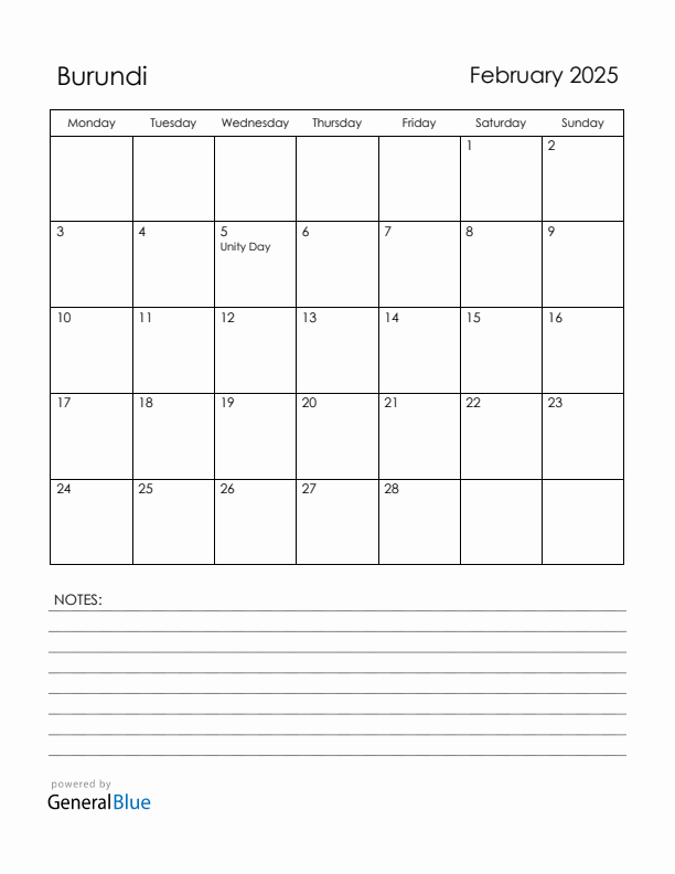 February 2025 Burundi Calendar with Holidays (Monday Start)