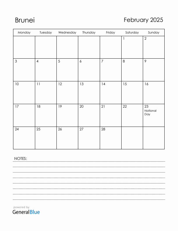 February 2025 Brunei Calendar with Holidays (Monday Start)