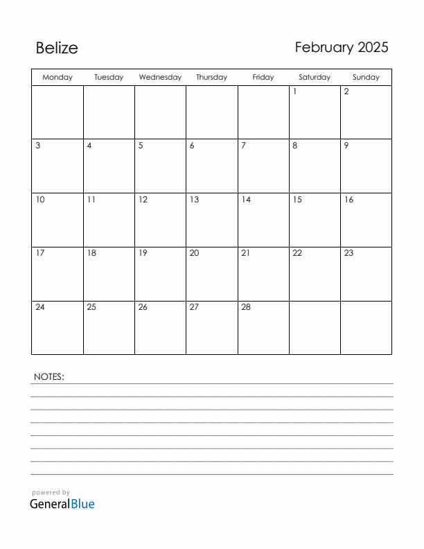 February 2025 Belize Calendar with Holidays (Monday Start)