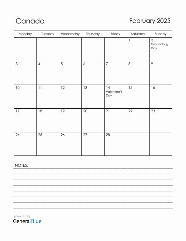February 2025 Canada Calendar with Holidays (Monday Start)