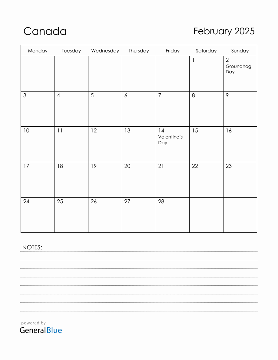 February 2025 Canada Calendar with Holidays