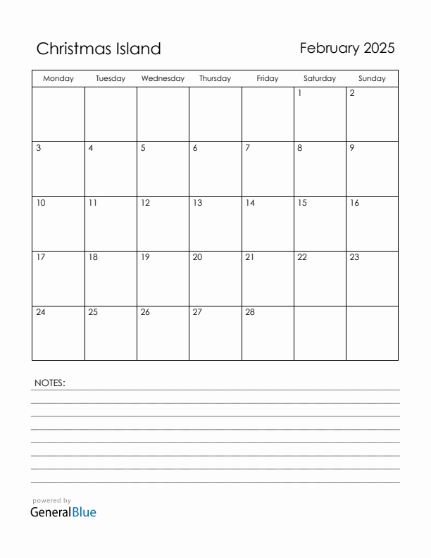 February 2025 Christmas Island Calendar with Holidays (Monday Start)