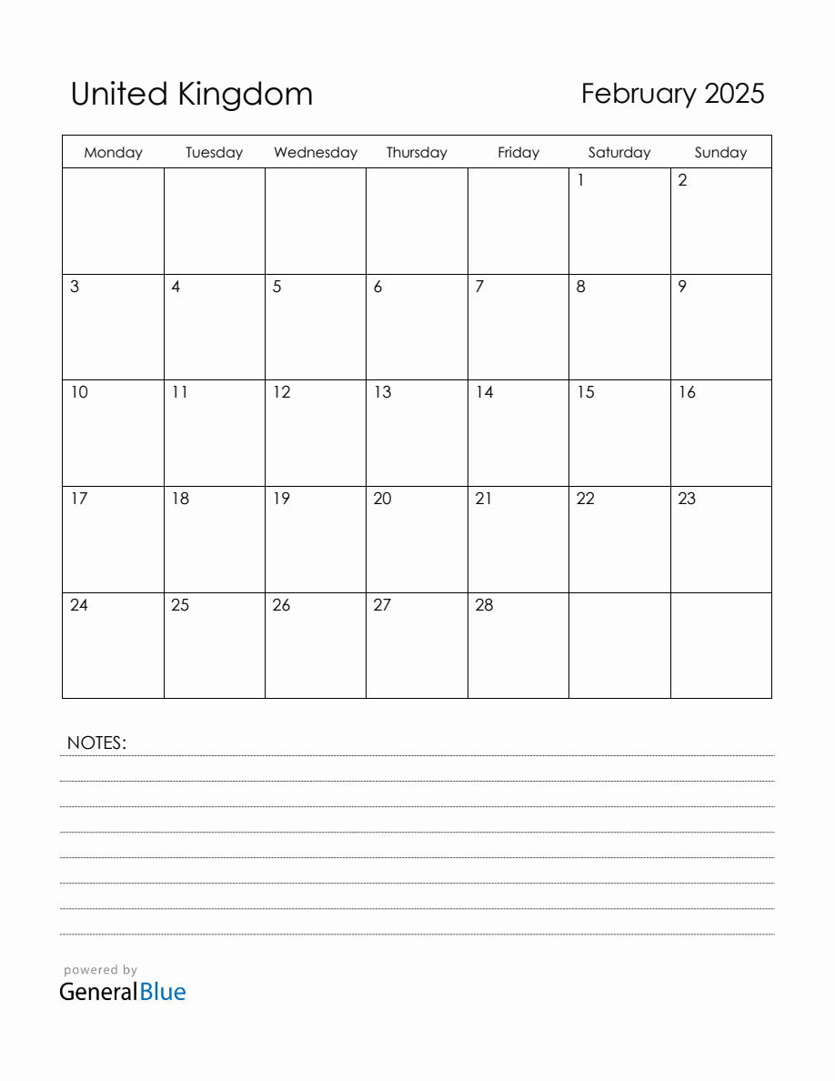 February 2025 United Kingdom Calendar with Holidays