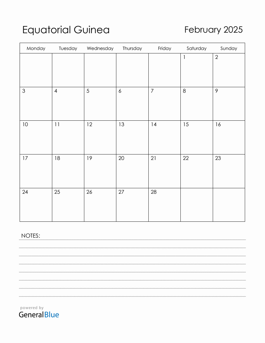 February 2025 Equatorial Guinea Calendar with Holidays