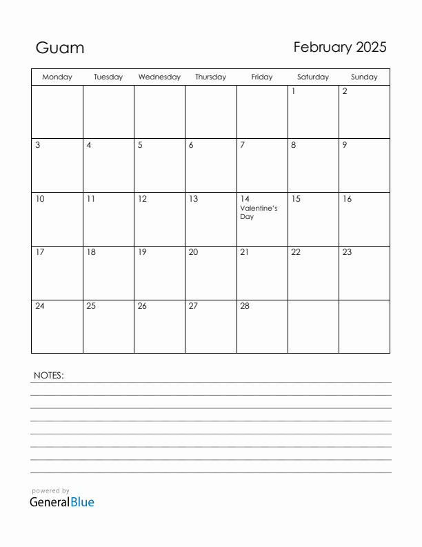 February 2025 Guam Calendar with Holidays (Monday Start)