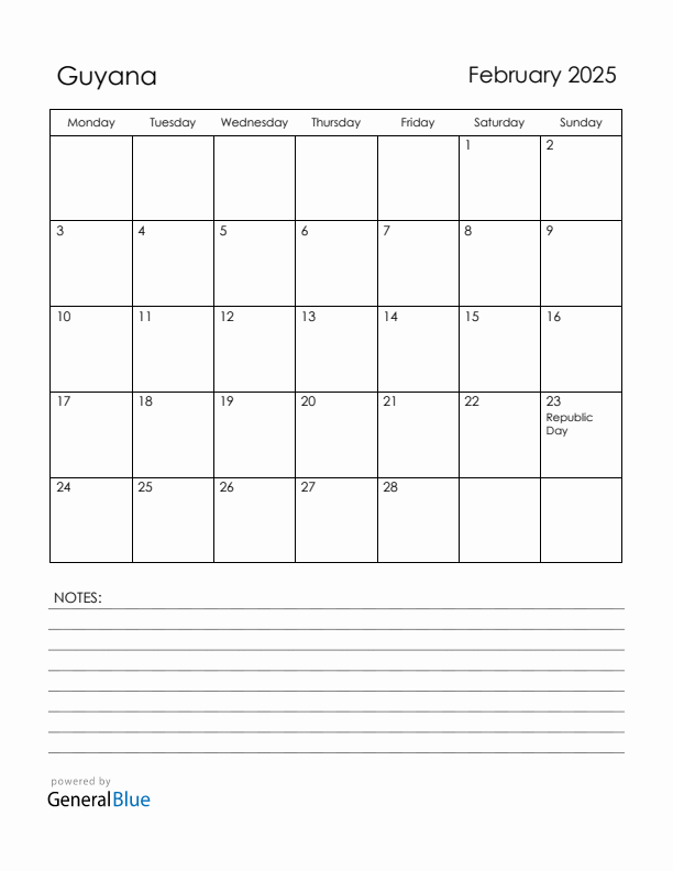 February 2025 Guyana Calendar with Holidays (Monday Start)