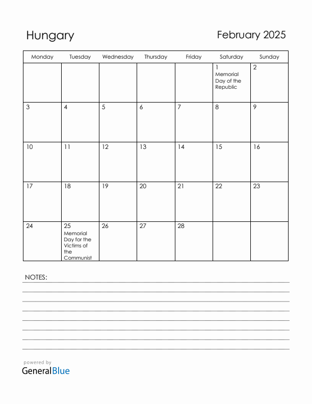 February 2025 Hungary Calendar with Holidays (Monday Start)