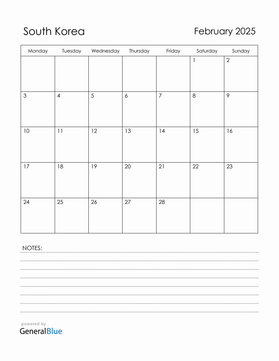 February 2025 South Korea Calendar with Holidays