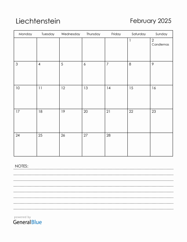 February 2025 Liechtenstein Calendar with Holidays (Monday Start)