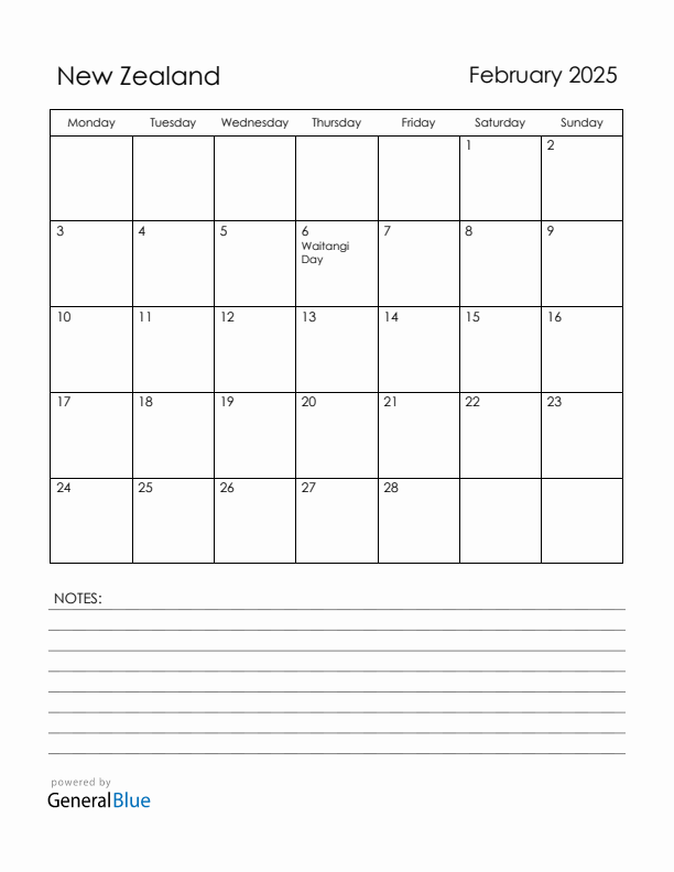 February 2025 New Zealand Calendar with Holidays (Monday Start)
