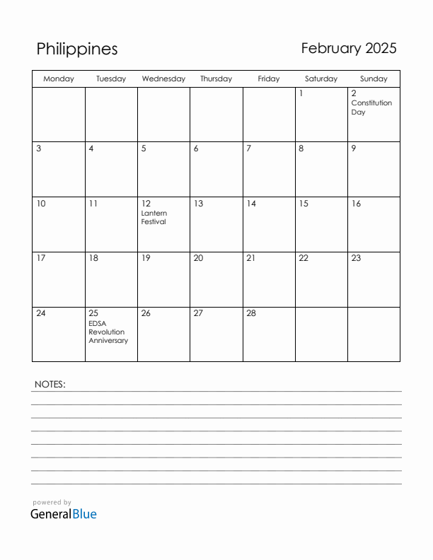 February 2025 Philippines Calendar with Holidays (Monday Start)