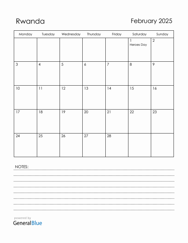 February 2025 Rwanda Calendar with Holidays (Monday Start)