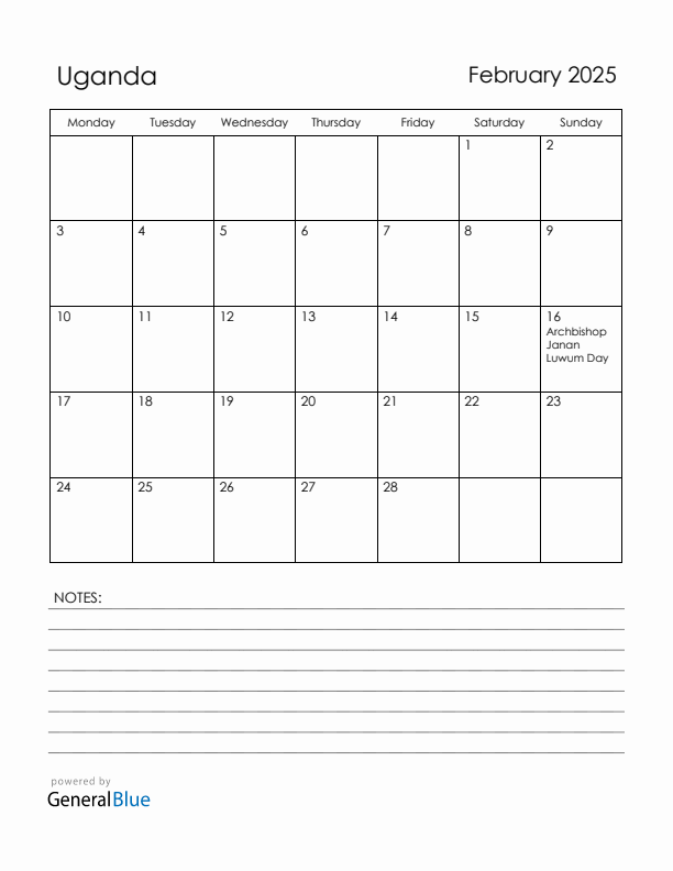 February 2025 Uganda Calendar with Holidays (Monday Start)