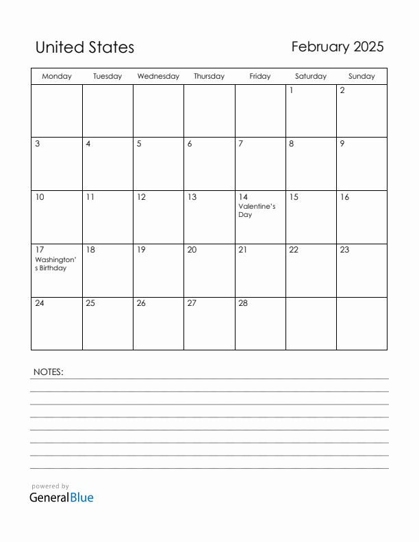 February 2025 United States Calendar with Holidays (Monday Start)