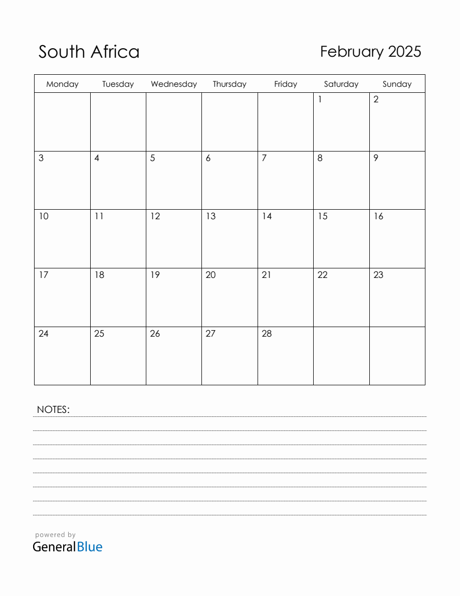 February 2025 South Africa Calendar with Holidays