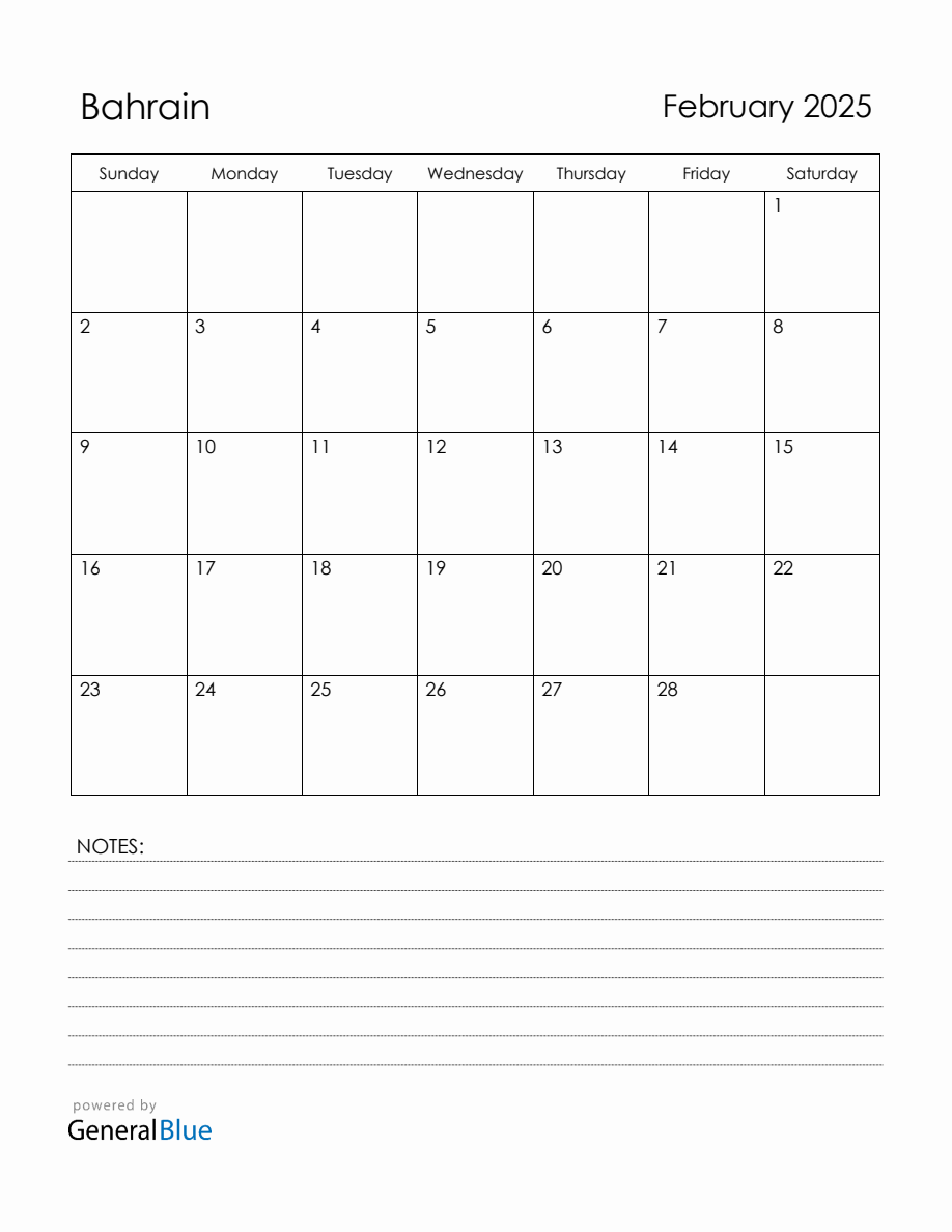 February 2025 Bahrain Calendar with Holidays