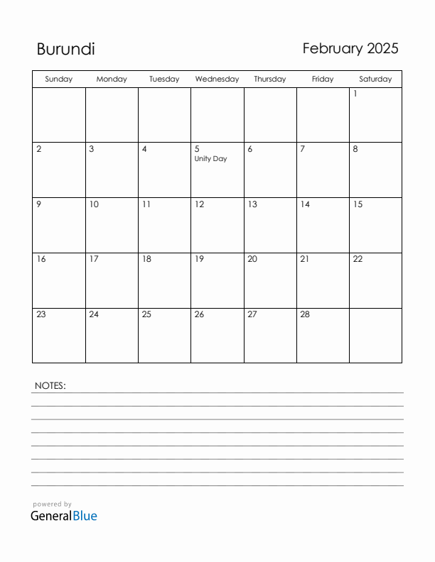 February 2025 Burundi Calendar with Holidays (Sunday Start)