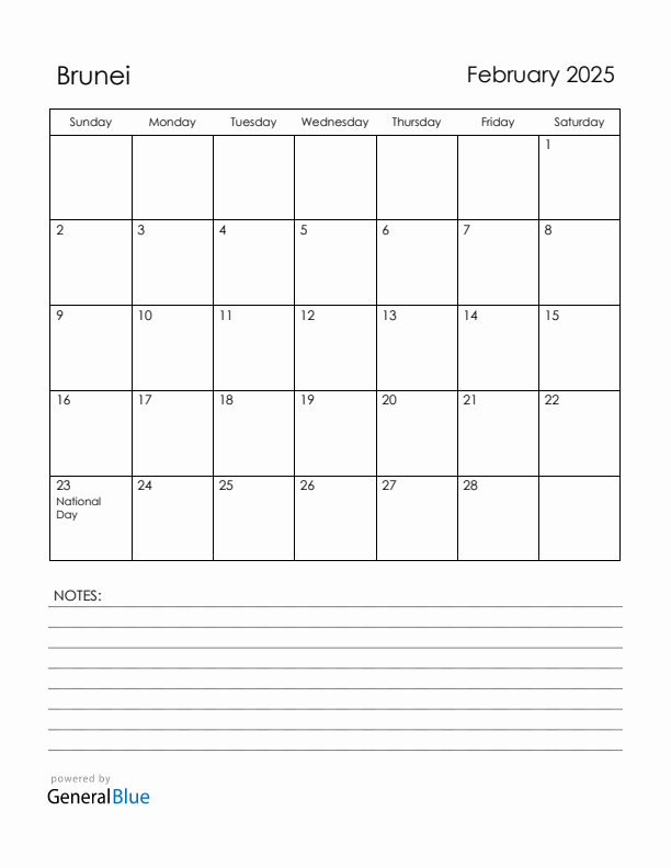 February 2025 Brunei Calendar with Holidays (Sunday Start)