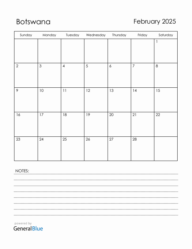 February 2025 Botswana Calendar with Holidays (Sunday Start)