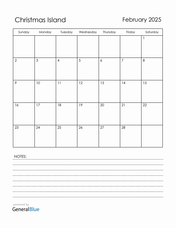 February 2025 Christmas Island Calendar with Holidays (Sunday Start)