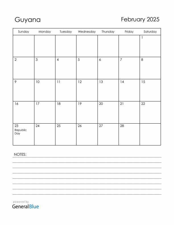 February 2025 Guyana Calendar with Holidays (Sunday Start)