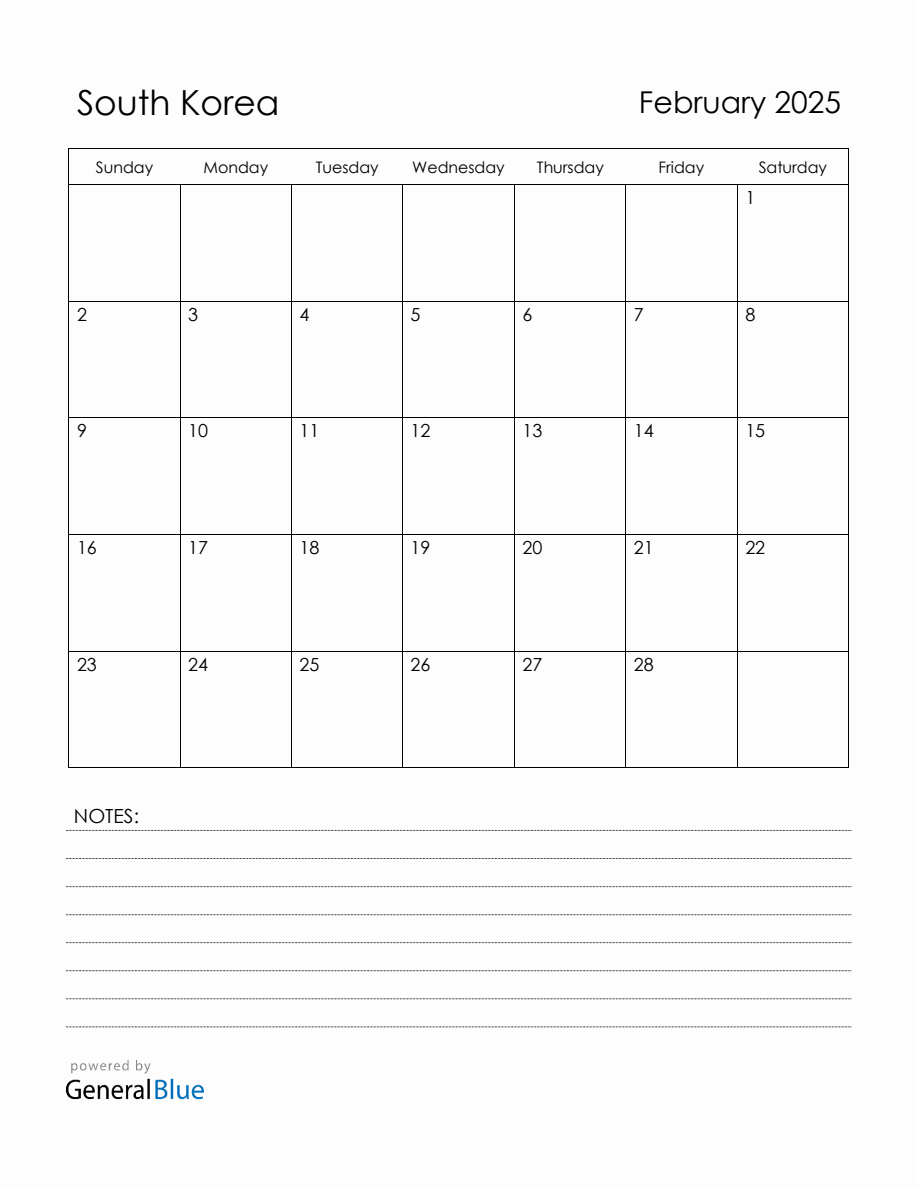 February 2025 South Korea Calendar with Holidays