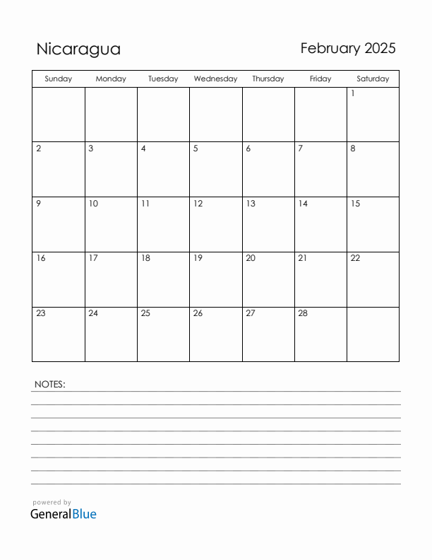 February 2025 Nicaragua Calendar with Holidays (Sunday Start)