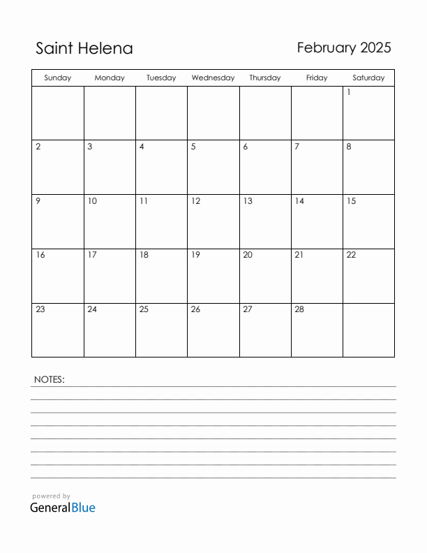 February 2025 Saint Helena Calendar with Holidays (Sunday Start)
