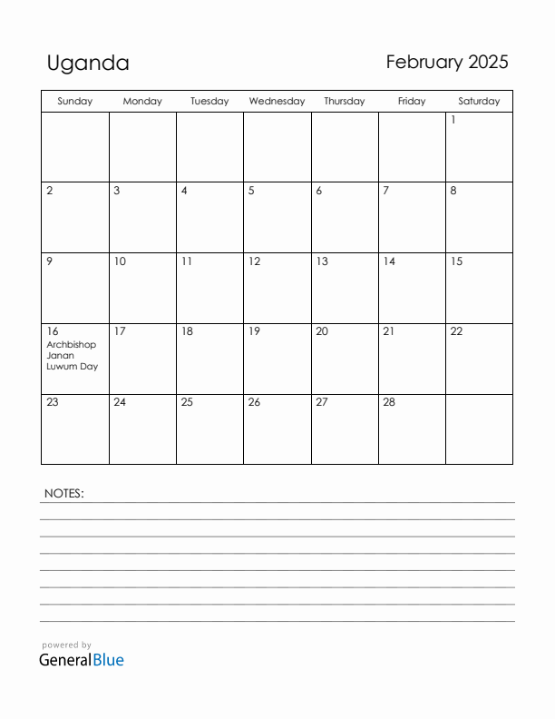 February 2025 Uganda Calendar with Holidays (Sunday Start)
