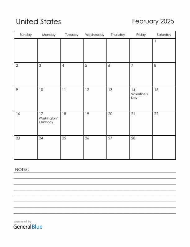 February 2025 United States Calendar with Holidays (Sunday Start)