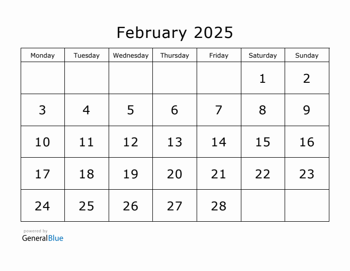 February 2025 Monthly Calendar Templates With Monday Start