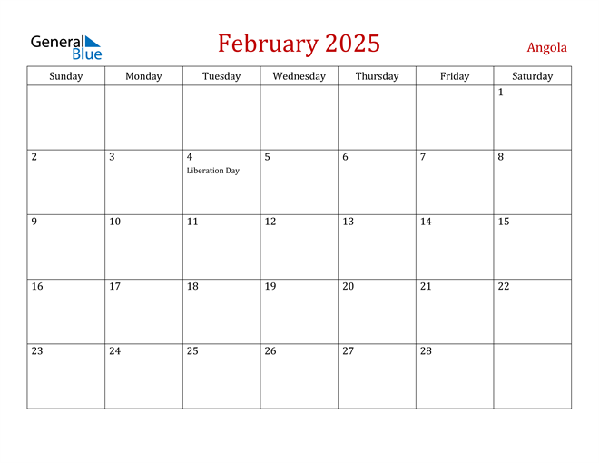 Angola February 2025 Calendar