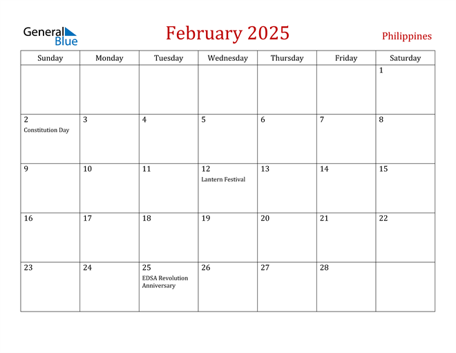 Philippines February 2025 Calendar with Holidays