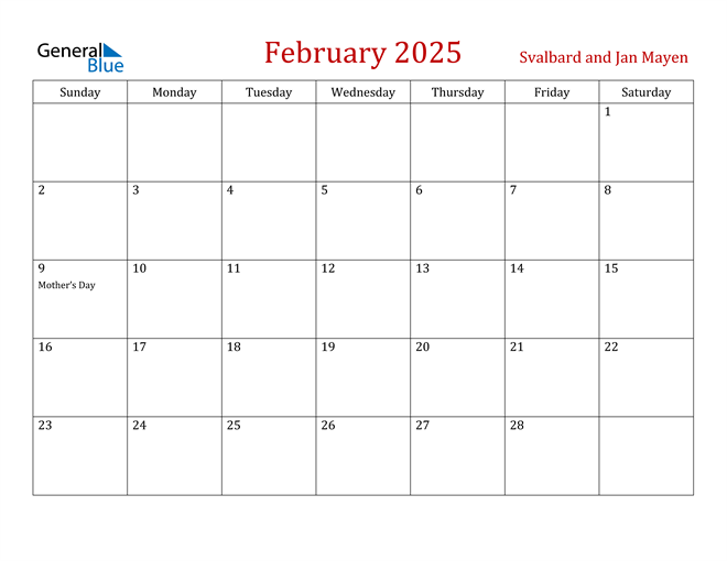 Svalbard and Jan Mayen February 2025 Calendar with Holidays