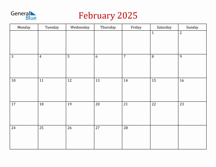 Blank February 2025 Calendar with Monday Start