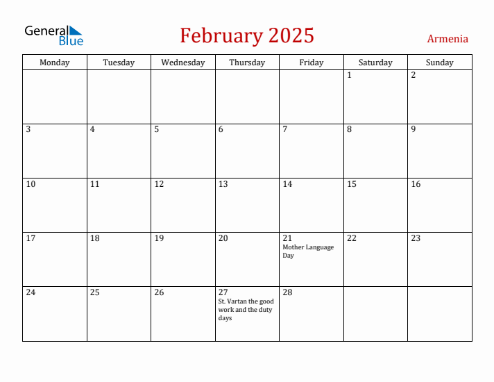 Armenia February 2025 Calendar - Monday Start