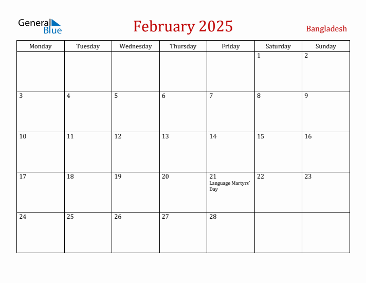 Bangladesh February 2025 Calendar - Monday Start