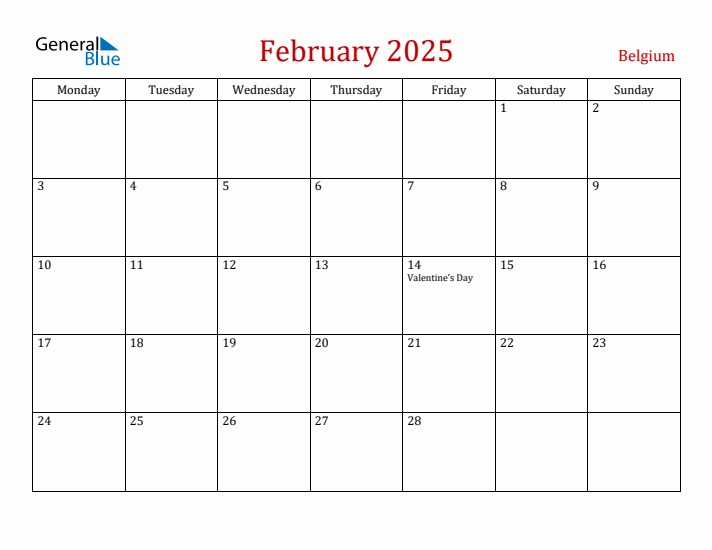 Belgium February 2025 Calendar - Monday Start