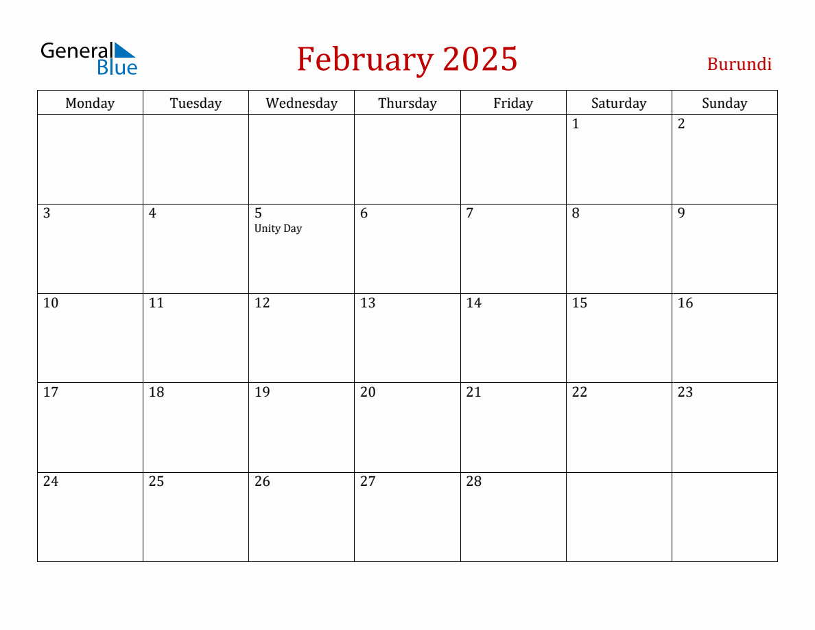 February 2025 Burundi Monthly Calendar with Holidays