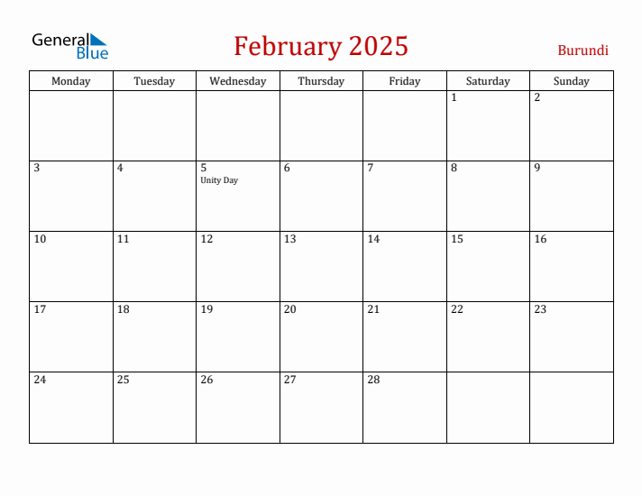 Burundi February 2025 Calendar - Monday Start