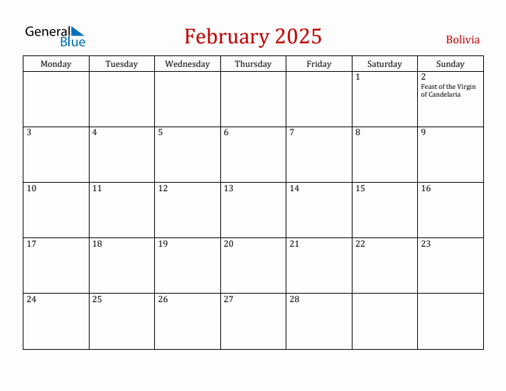Bolivia February 2025 Calendar - Monday Start