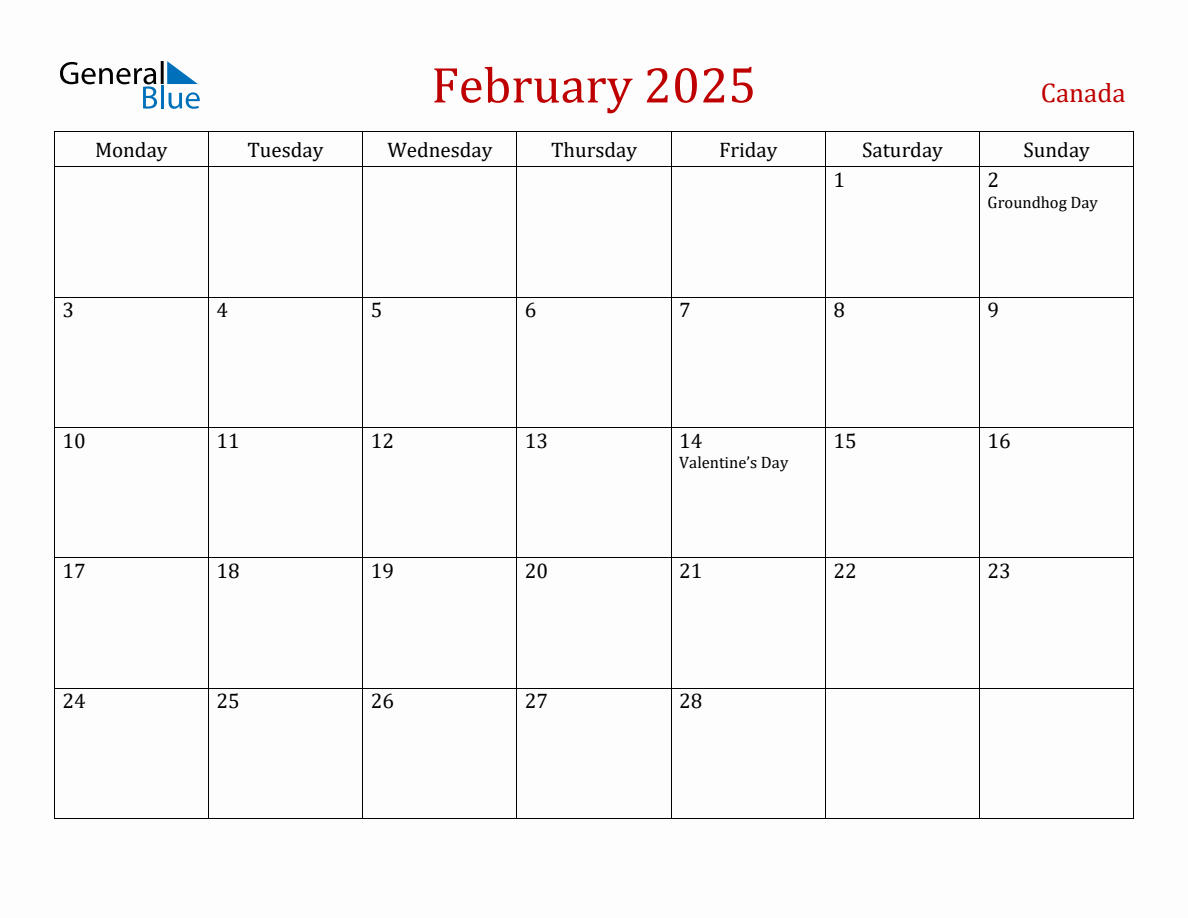 February 2025 Canada Monthly Calendar with Holidays